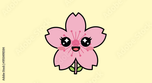 Cute Kawaii Cherry Blossom Flower Character with Happy Face and Blushing Cheeks