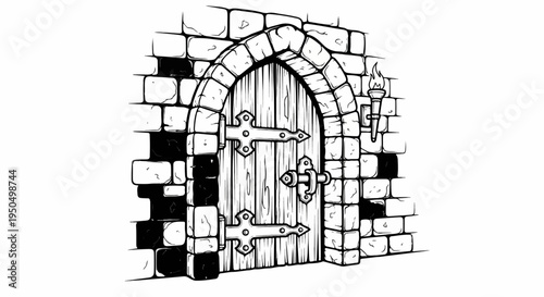 An old stone castle entrance with a wooden door and torch
