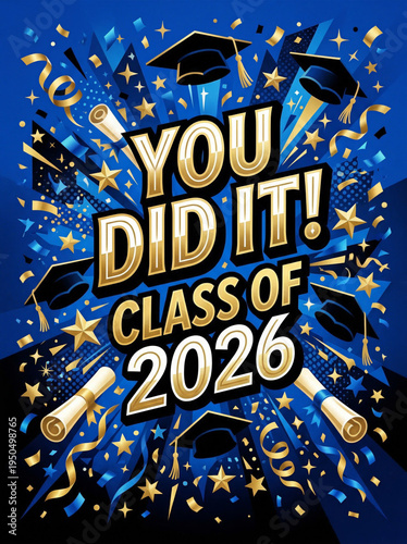 Bold blue and gold graduation card design with 