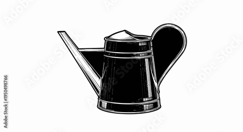 Black and white sketch of a vintage metal watering can with a long spout
