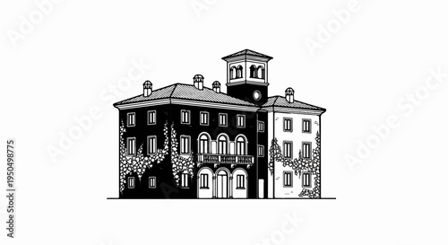 An ornate two-story building with a central tower and ivy detailing