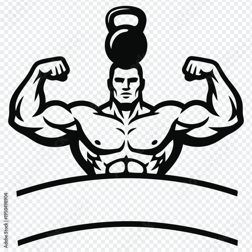 Stylized illustration of a muscular man with a kettlebell balanced on his head flexing his biceps