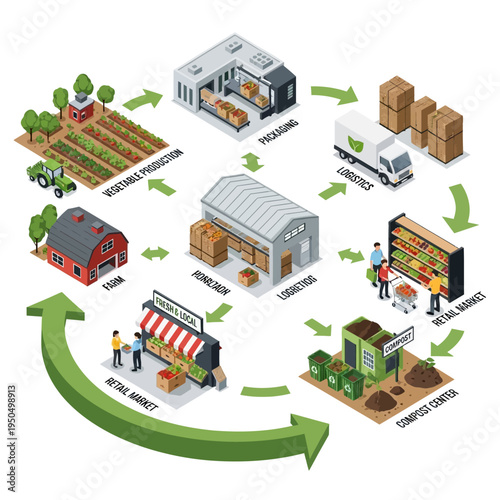 Visual representation of the entire food supply chain, from farm production to retail and composting, illustrating the journey of food from source to consumer and back.