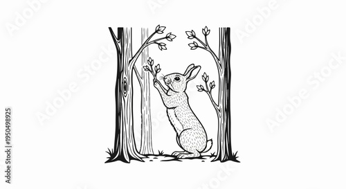 Rabbit reaching for leaves on tree branches in a forest