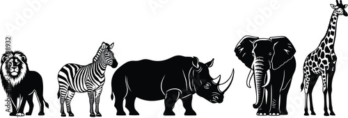 African wildlife vector silhouettes, lion, zebra, rhinoceros, elephant, giraffe, savanna animals, black design, iconic species collection, nature illustration, safari art