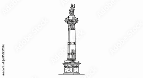Ornate column with statue on top, detailed drawing of ancient monument