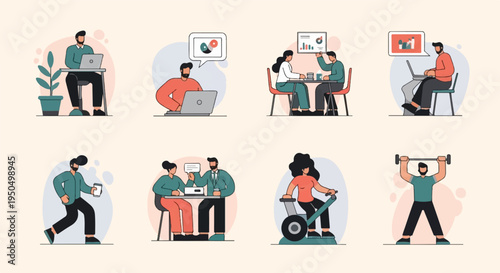 People working, exercising, and interacting with technology and charts