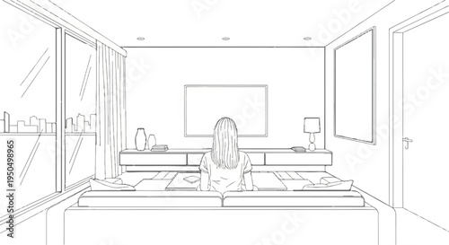 Person seated on sofa watching a blank TV in a modern living room