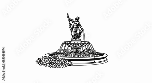 Ornate fountain with a classical statue pouring water surrounded by flowers