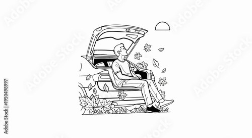 Person relaxes in open car trunk surrounded by falling autumn leaves