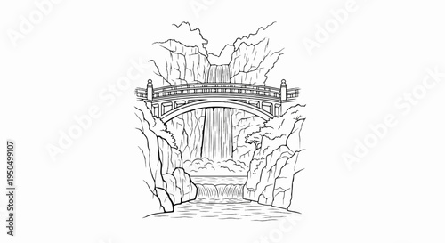 Arch bridge spans gorge with tiered waterfall, creating a scenic view