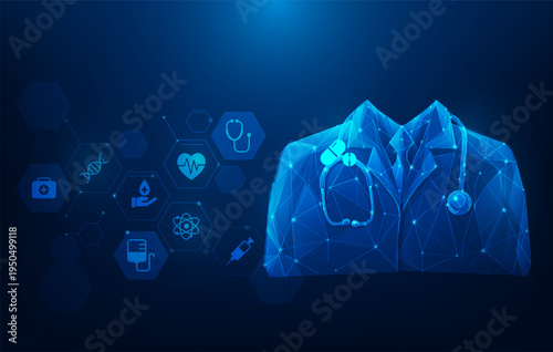 online digital doctor hospital wireframe and medical icon technology on blue background. digital health clinic network medicine wallpaper. vector illustration fantastic technology.