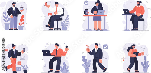 Professionals engaged in various tasks with digital devices, plants, and coffee