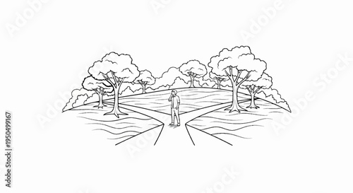 A person ponders at a crossroads in a park with trees
