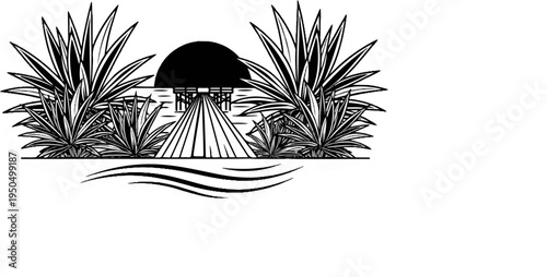 Stylized desert oasis scene with agave plants and arched structure
