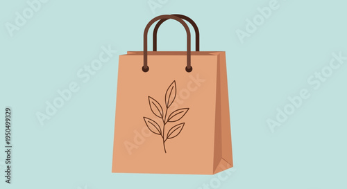 Eco-friendly paper shopping bag with leaf motif, isolated on blue background