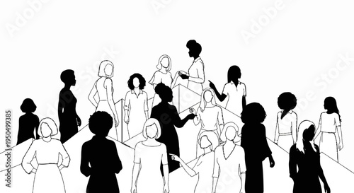 A diverse group of women interacting, some in silhouette, against a white background