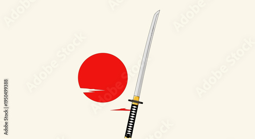 Japanese Katana Sword and Rising Sun Symbol on Cream Background