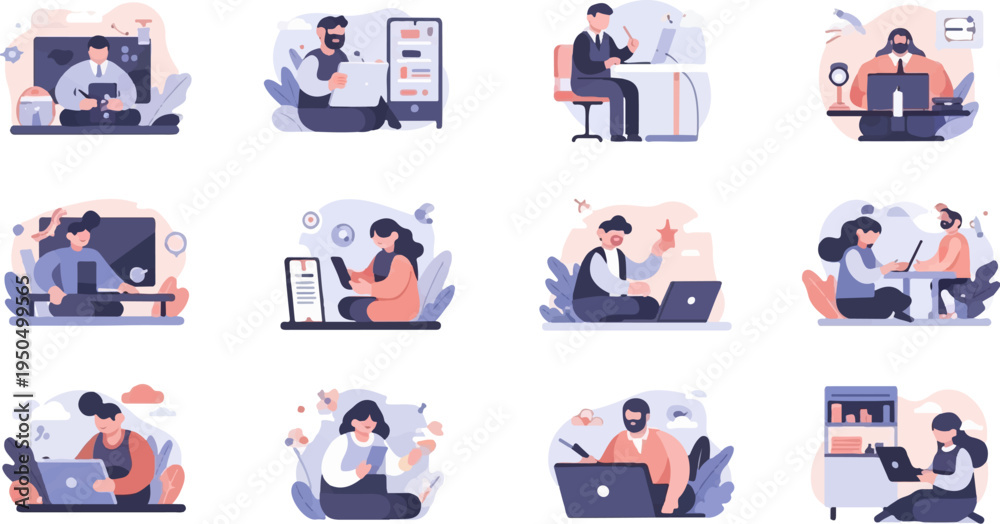 Fototapeta premium Diverse individuals engaged in digital activities, working, learning, and creating