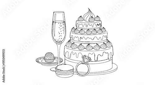 A tiered cake, champagne glass, truffle, macaron, and diamond ring