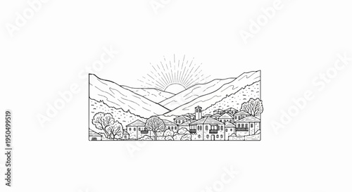 A village nestles in a valley as the sun rises over the mountains