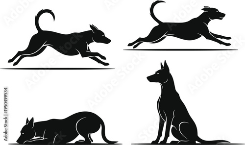 Dog silhouette vector illustration, playful running dogs, sitting attentive pet, lying relaxed canine artwork, animal posture design, domestic pet concept, artwork vector