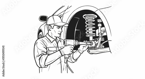 Mechanic works on car suspension with impact wrench