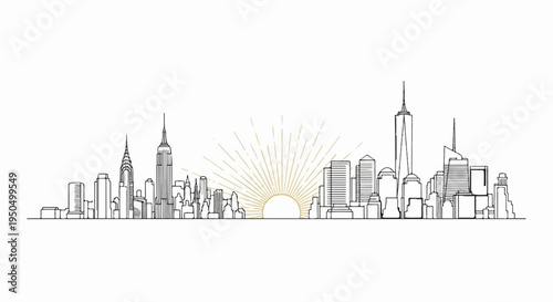 Minimalist line art cityscape with radiating sunburst