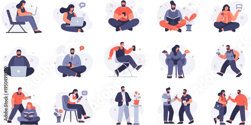 Diverse individuals engaged in modern activities like working, reading, and socializing