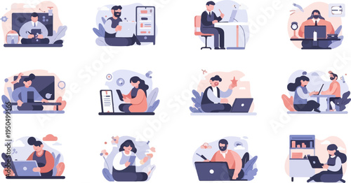 Diverse individuals engaged in digital activities, working, learning, and creating