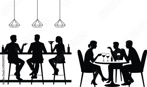 Black silhouette bar and restaurant social scenes with people drinking, talking, and socializing, nightlife vector illustration artwork design