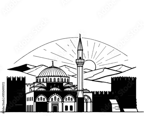 Stylized line art of a mosque with minaret, domes, and fortified walls at sunrise
