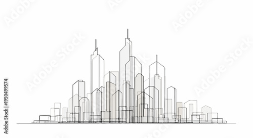 Stylized outline of a cityscape with numerous tall buildings against a white background