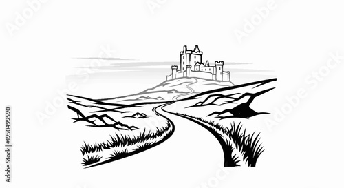 A winding road leads to a castle perched atop a hill under a cloudy sky