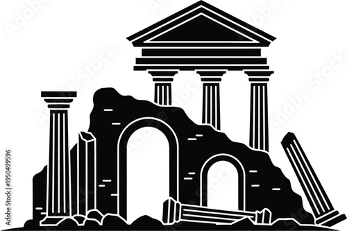 Ancient ruins with broken columns and arches depicting architectural decay