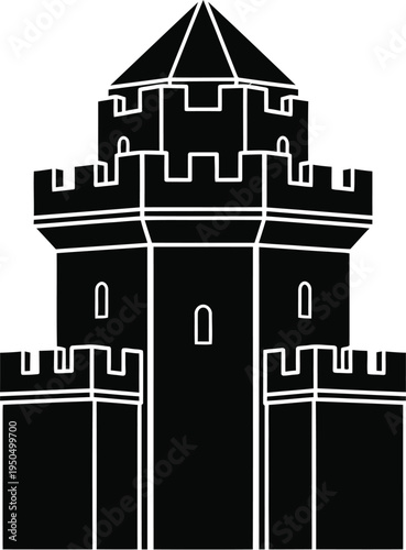 Medieval castle tower with battlements and crenellations in black silhouette