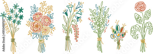 Whimsical collection of hand drawn floral bouquets featuring organic shapes and a delicate color palette