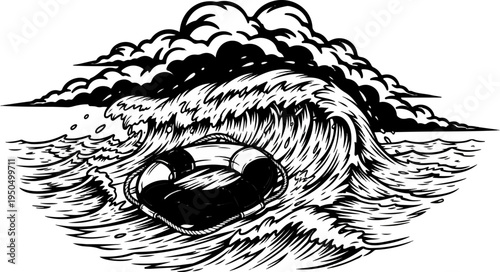 Stormy seas with a life preserver bobbing amidst crashing waves under dark clouds