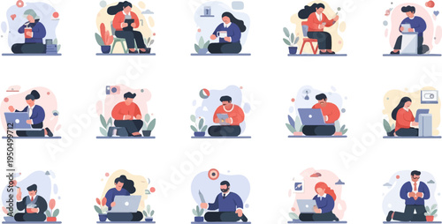 Diverse individuals engaged in various digital and desk-based activities