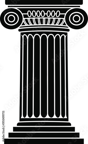 Black ionic column with ornate capital and fluted shaft isolated on transparent background