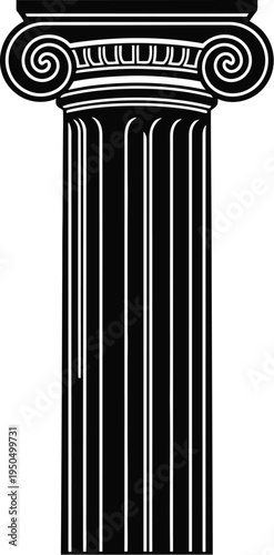 Detailed black ionic column with capital scrolls and fluted shaft isolated on transparent background