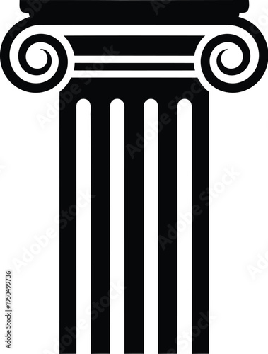 Minimalist black ionic column with simple fluted shaft and capital scrolls on transparent background