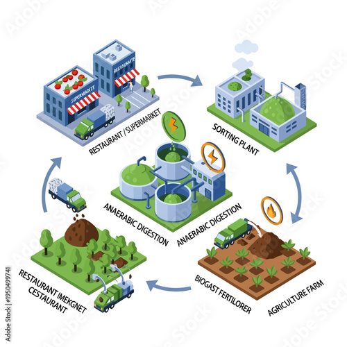 Circular economy model illustrating the process of anaerobic digestion for waste management and biogas production from restaurant and agricultural sources.