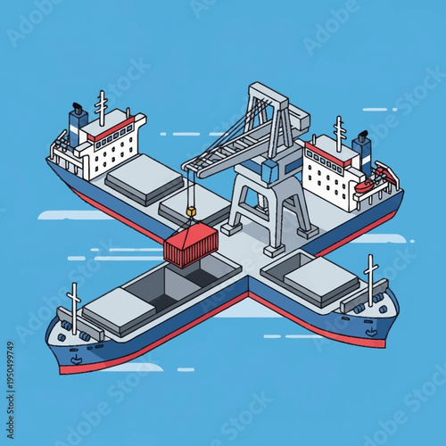 Cargo Ships Intersecting with Crane Loading Container.