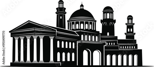 Neoclassical building silhouette with dome and colonnade portico for governmental or academic design