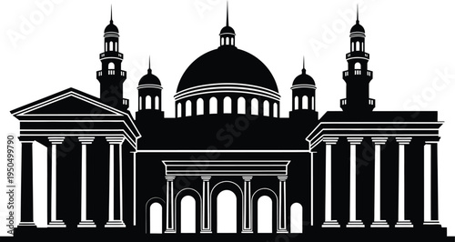 Symmetrical grand cathedral building silhouette with central dome and twin bell towers for heritage design