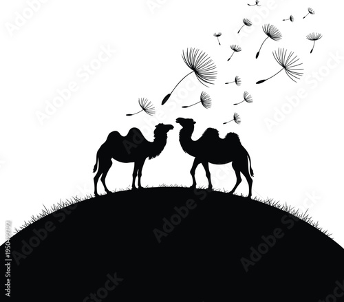 Black silhouette camels on grassy hill with floating dandelion seeds, serene wildlife nature scene, artistic decorative vector illustration artwork