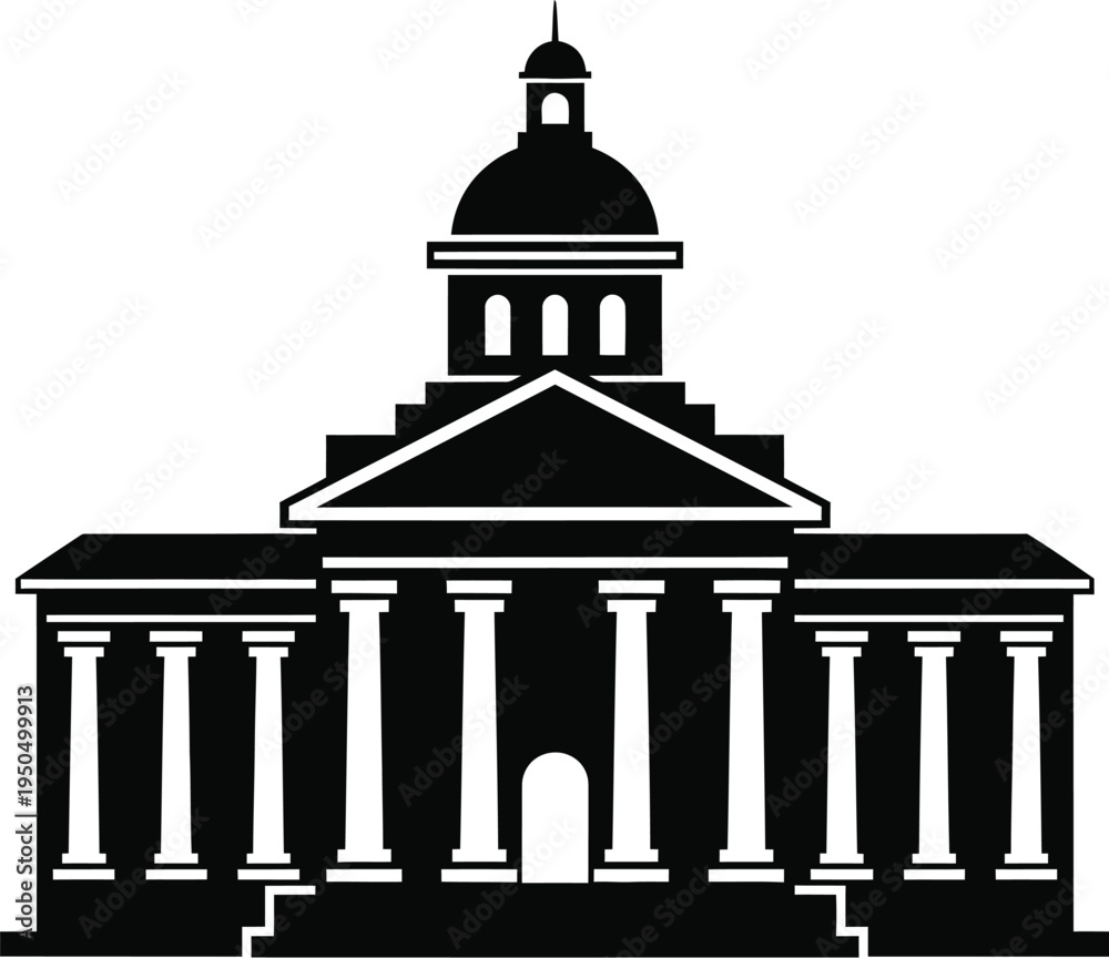 Fototapeta premium Historic capitol building with dome and columns, black silhouette icon isolated on transparent background