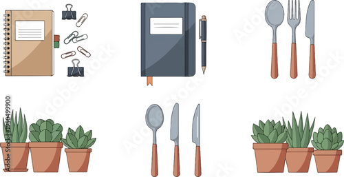 Various office and home items including notebooks, plants, and cutlery