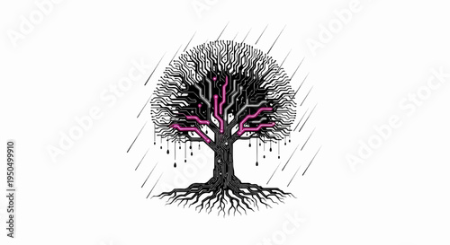 An artistic tree with circuit board patterns and pink glowing branches
